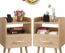 Bedside Table Set of 2, Nightstand, Side Table, Wooden Sofa End Table with Fabric Drawer, Open Shelf, Solid Wood Legs, 39x29x63 cm, for Bedroom, Living Room, Natural