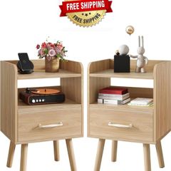 Bedside Table Set of 2, Nightstand, Side Table, Wooden Sofa End Table with Fabric Drawer, Open Shelf, Solid Wood Legs, 39x29x63 cm, for Bedroom, Living Room, Natural