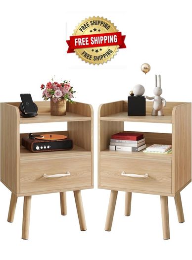 Bedside Table Set of 2, Nightstand, Side Table, Wooden Sofa End Table with Fabric Drawer, Open Shelf, Solid Wood Legs, 39x29x63 cm, for Bedroom, Living Room, Natural