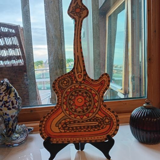 Hand Painted Signed Mandala Tribal Zen Folk Art Guitar Wood Wall Hanging