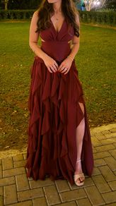 Burgundy Formal Dress, Gold Heels & Clutch, Complete Look