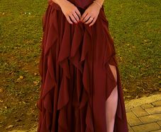 Burgundy Formal Dress, Gold Heels & Clutch, Complete Look