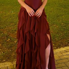 Burgundy Formal Dress, Gold Heels & Clutch, Complete Look