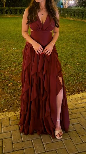 Burgundy Formal Dress, Gold Heels & Clutch, Complete Look