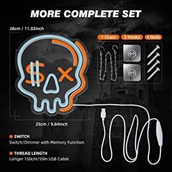 Dimmable Skull Neon Sign, Skull Neon Light Acrylic Plate Powered by USB with Switch, 28x25cm Skeleton LED Blue Wall Signs Art for Kid Bedroom Teen Boys Living Room Bar Party Decoration (FREE POSTAGE)