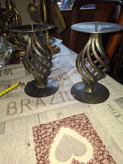A Pair of Vintage twisted Wrought Iron Spiral Candlesticks with a Central Pillar Spike, Postage available or Collection