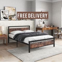 Double Bed Metal Platform Bed Frame with Wooden Headboard