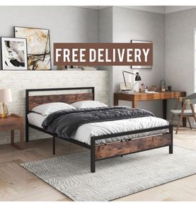 Double Bed Metal Platform Bed Frame with Wooden Headboard