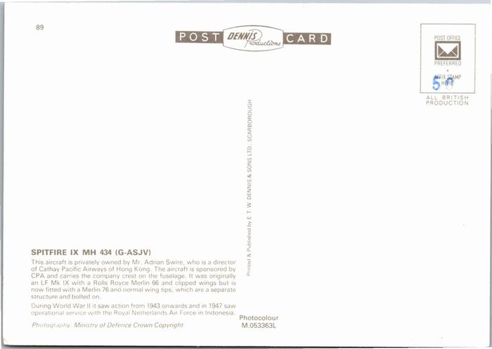 Spitfire IX MH 434 G-ASJV Postcard Fighter Aircraft DB