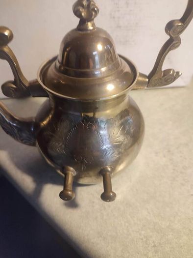 Antique Engraved Victorian Brass Hot Water Tea Kettle RARE EUC