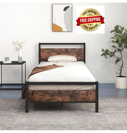 3ft Single Bed Frame with Wooden Headboard, Brown Heavy Duty Steel Support, No Box Spring Needed, Noise Free,Easy Assembly