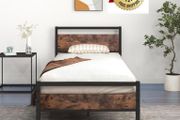 3ft Single Bed Frame with Wooden Headboard, Brown Heavy Duty Steel Support, No Box Spring Needed, Noise Free,Easy Assembly
