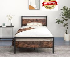 3ft Single Bed Frame with Wooden Headboard, Brown Heavy Duty Steel Support, No Box Spring Needed, Noise Free,Easy Assembly