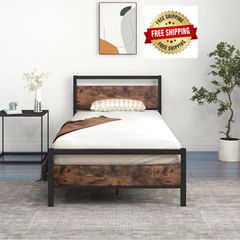 3ft Single Bed Frame with Wooden Headboard, Brown Heavy Duty Steel Support, No Box Spring Needed, Noise Free,Easy Assembly