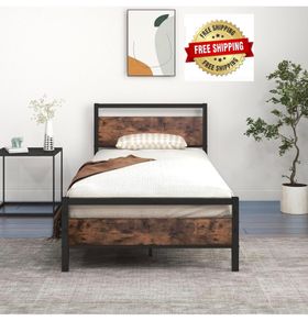 3ft Single Bed Frame with Wooden Headboard, Brown Heavy Duty Steel Support, No Box Spring Needed, Noise Free,Easy Assembly