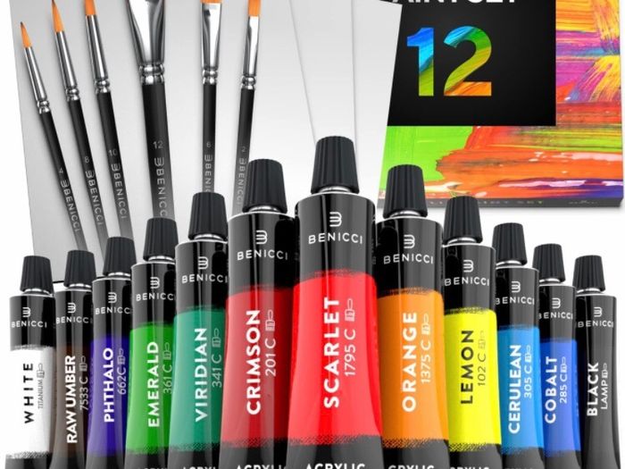 Acrylic Paint Set for Kids, Artists and Adults - 12 Vibrant Colors, 6 Brushes and 3 Paint Canvases