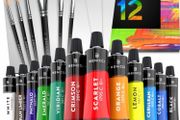Acrylic Paint Set for Kids, Artists and Adults - 12 Vibrant Colors, 6 Brushes and 3 Paint Canvases