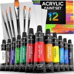 Acrylic Paint Set for Kids, Artists and Adults - 12 Vibrant Colors, 6 Brushes and 3 Paint Canvases