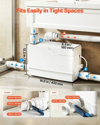 Utility Sink Pump 800W 12000L/h Flow 32.8 ft/10 m Head Macerator Pump, Waste Water Disposal Macerating Machine with 3 Inlets, for Basement, Kitchen, Sink, Shower, Bathtub, Laundry Gray Water