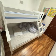 White Wooden Bunk Bed, 135cm Double Bottom and 90cm Single Top with 2 Mattresses