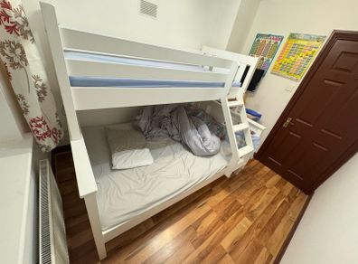 White Wooden Bunk Bed, 135cm Double Bottom and 90cm Single Top with 2 Mattresses