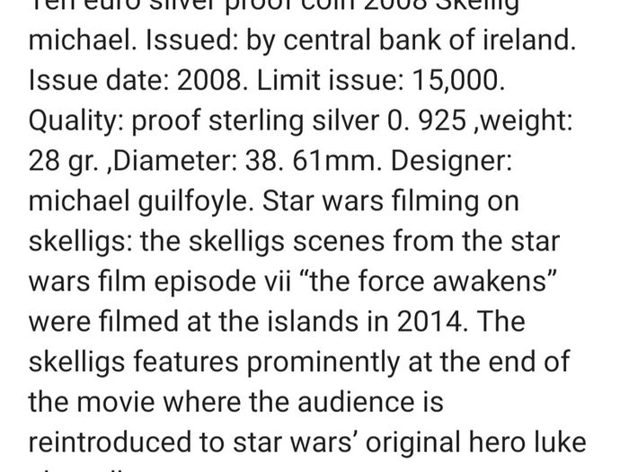 Ten euro silver  proof  coin 2008. Skellig michael.