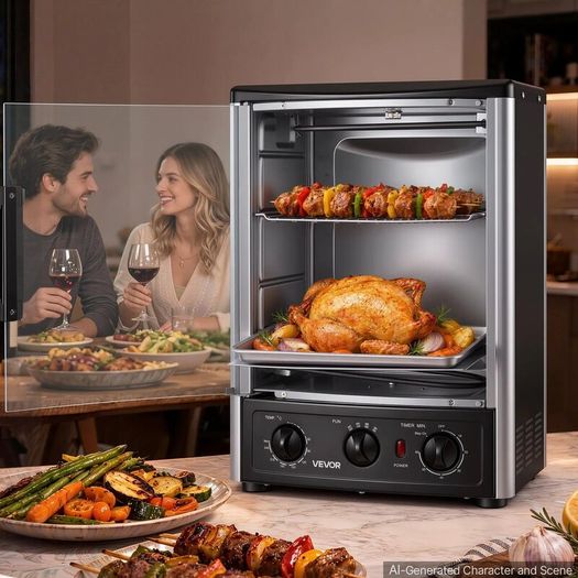 Countertop Vertical Rotating Oven 22L Rotisserie Shawarma Machine, 1500W Kebab Grill Roaster with Heat-Resistant Door, Drip Tray, Timer & Temp Control, Kebab Rack with 7 Skewers