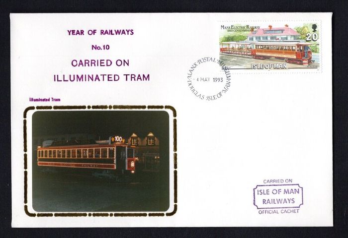 1993 Isle of Man Cover showing Year of Railways No 10 Carried on Illuminated Tram tying 20p No 1 Motor Car and No. 13 Trailer at Groudle Glen Hotel commemorative stamp