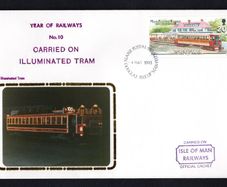 1993 Isle of Man Cover showing Year of Railways No 10 Carried on Illuminated Tram tying 20p No 1 Motor Car and No. 13 Trailer at Groudle Glen Hotel commemorative stamp