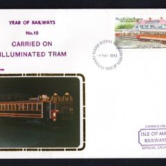1993 Isle of Man Cover showing Year of Railways No 10 Carried on Illuminated Tram tying 20p No 1 Motor Car and No. 13 Trailer at Groudle Glen Hotel commemorative stamp
