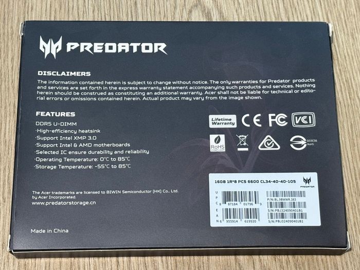 32gb (16gbx2) Ddr5 Ram Acer Predator 6600mhz Cl34