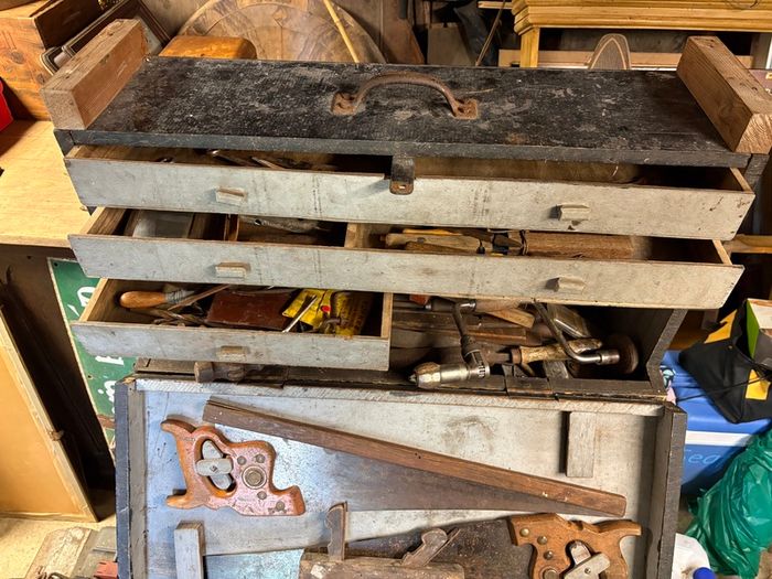 Large vintage tool box and tools