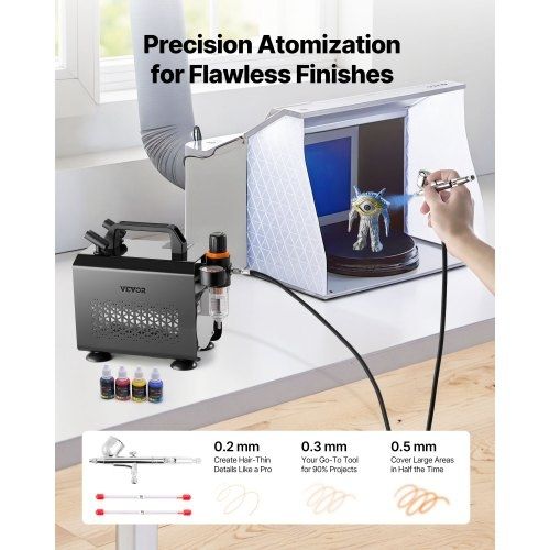 Airbrush Kit, 1/6 HP, Air Brush Kit with Air Compressor, 1 Dual-Action Professional Airbrush with 3 Tips, Hose, Acrylic Paint, Brush, Low Noise, for Cake Decorating, Model Painting, Nail Art