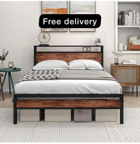 Double Bed Frame with Storage Wooden Headboard