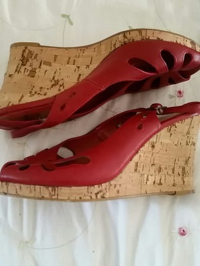 Red cork wedge leather sling back Dunnes size 4.