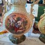 Pair of Art Nouveau Italian Glazed Ceramic Twin-Handled Vases, each with Scalloped Rim, Molded Scrolling Handles with Gilt Highlights Postage Available or Collection Image 2