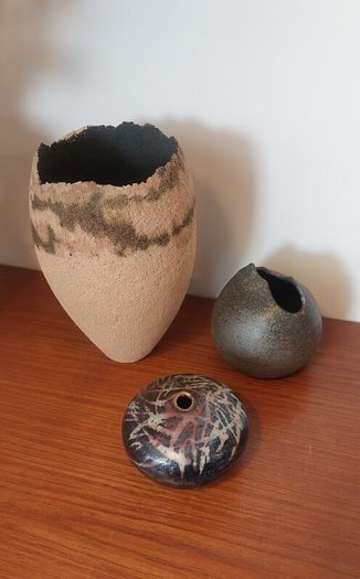 Fabulous Collection of Three Hand-Built Studio Pottery Vases with Organic Asymmetric Shapes, All Hand Made, Unknown Maker Different Makers, Pieces of Sculptural Art
