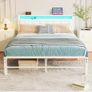 White Double Bed Frame with Storage and LED Lights,4ft6 Metal Platform Bed Frame Double Size Bed Base with Charging Station,Mattress Base,Strong Slats Support,Under-bed Storage,Noise Free Image 5