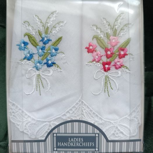 two cambric handkerchiefs with hand embroidery new in packaging