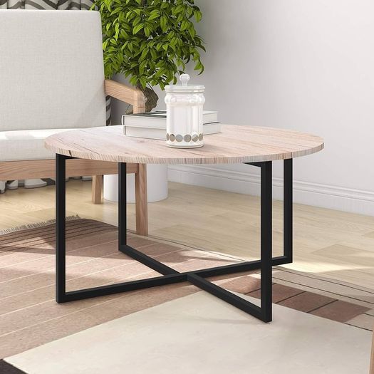 SALE | Round Coffee Table Tea Table Round Coffee Table for Living Room with Metal Legs, Black+White oak