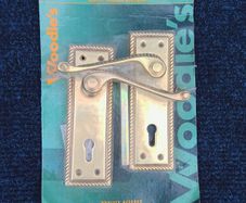 Woodie's Georgian-style polished brass door handle set with roped-edge backplate