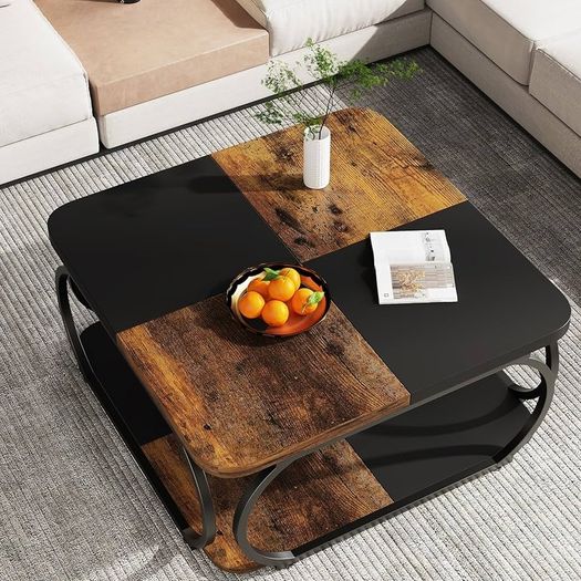 Square Coffee Table with 2 Tiers, 39 Inch Low Farmhouse Coffee Table with Wood Storage Shelf Heavy Duty Metal Curved Frame for Modern Living Room, Black Rustic Brown