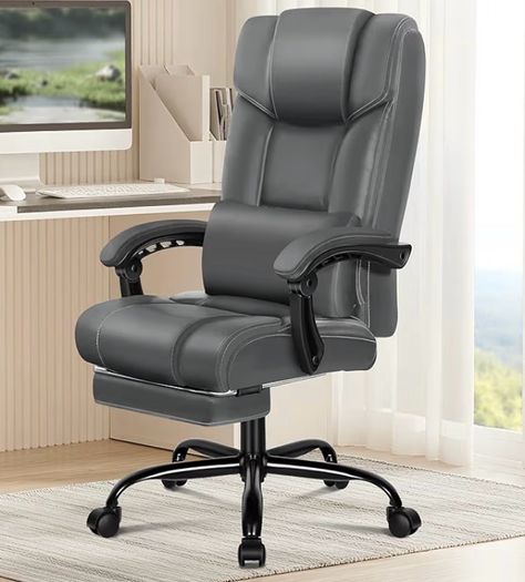 Office Chair for Home Office, Ergonomic PC Gaming Chair with Footrest Lumbar Support Armrests, Comfy High Back 150 Reclining Computer Chairs, 180KG Loads, PU Leather, Grey