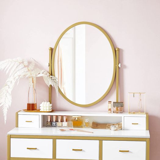 _Dressing table, dressing table with stool, cosmetic table with oval mirror and open compartment, drawers, modern, for bedrooms, dressing rooms, white and gold-colored