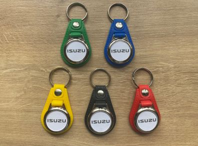 Brand new synthetic leather Isuzu key ring with shopping trolley token/coin