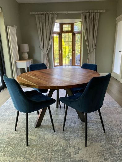 Solid 120cm round Acacia Dining Table & 4 Velvet Chairs.