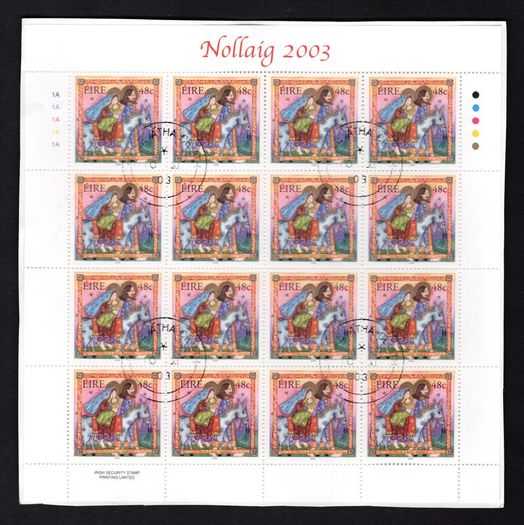 2003 Ireland Christmas 48c (ex Booklet) 48c, 50c & 57c Commemorative Stamps Sheets Plate 1A1A1A1A1A Fine Used with Dublin CDS cancel of 10th November 2003 (First day of issued) on envelope extract.