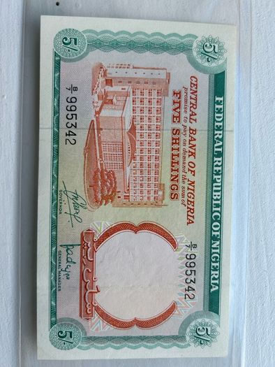 NIGERIA 5 shillings note 1968 Krause 10a Banknotes small corner printing error on side only