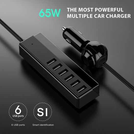 6-Port Multiple Fast Car Charger, 65W/13A USB Travel Car Charger Adapter with Smart Identification for iPhone, Android and Other USB Powered Devices