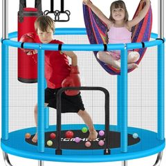 55" Trampoline for Kids with Enclosure, 440lbs Capacity Indoor & Outdoor Toddler Trampoline with Adjustable Gymnastics Bar & Toys, Gifts for Boys & Girls